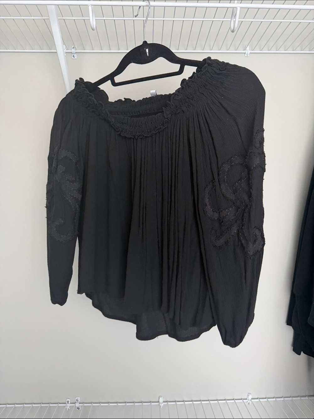 Ovi Black Smocked Off-Shoulder Peasant Blouse